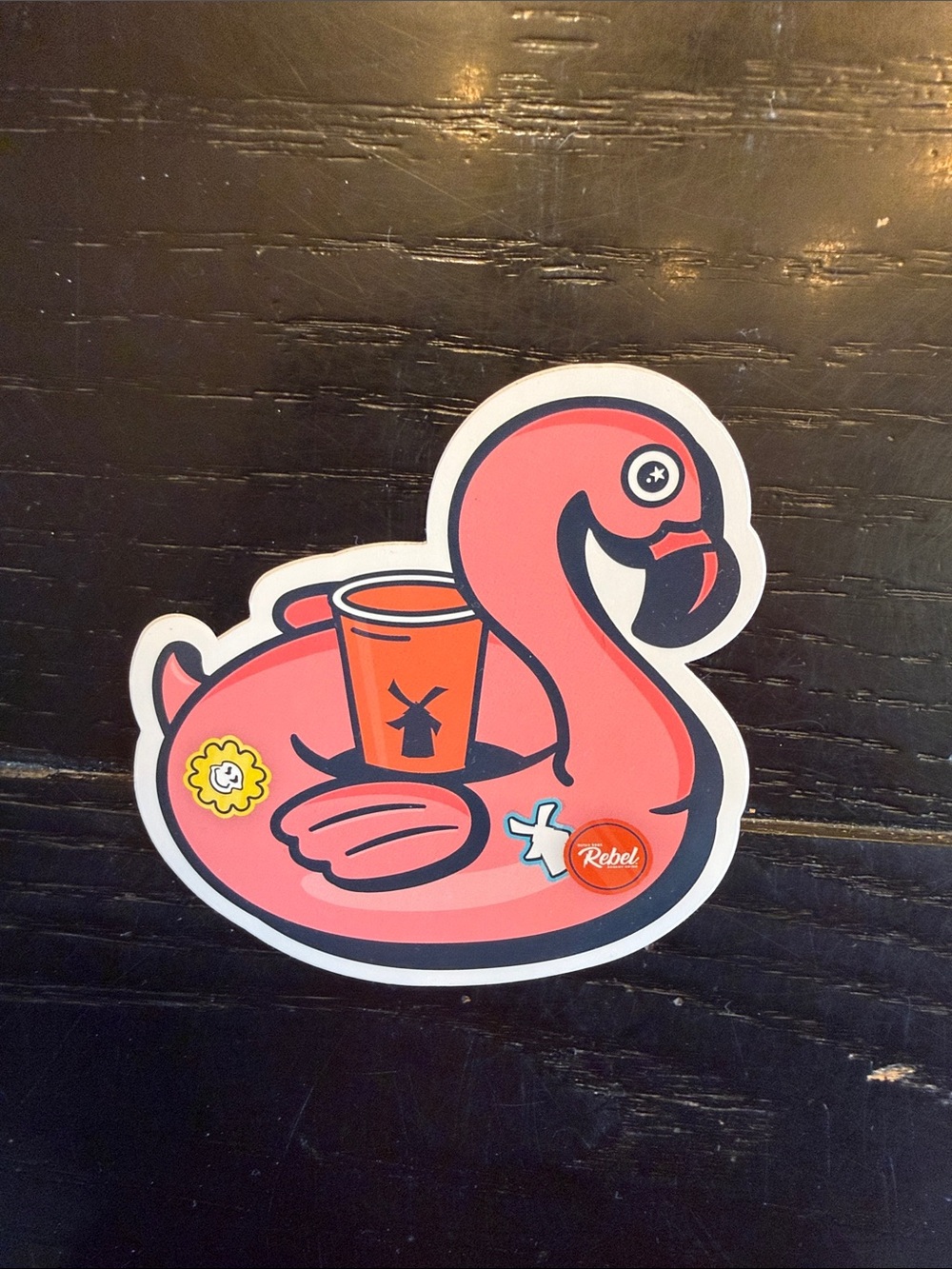 Dutch Bros Pink Flamingo Float Sticker with Orange Cup Accent